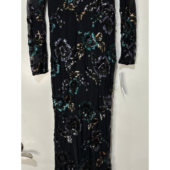 Betsy & Adam Black Floral Sequin Full Length Gown Size 4 NWT Teal Silver Roses - Picture 5 of 14